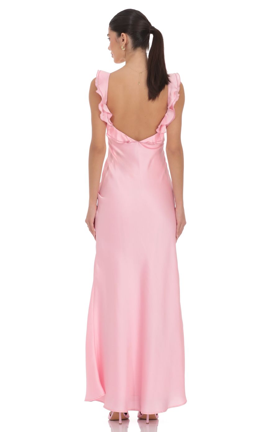Satin Ruffle Open Back Maxi Dress in Pink