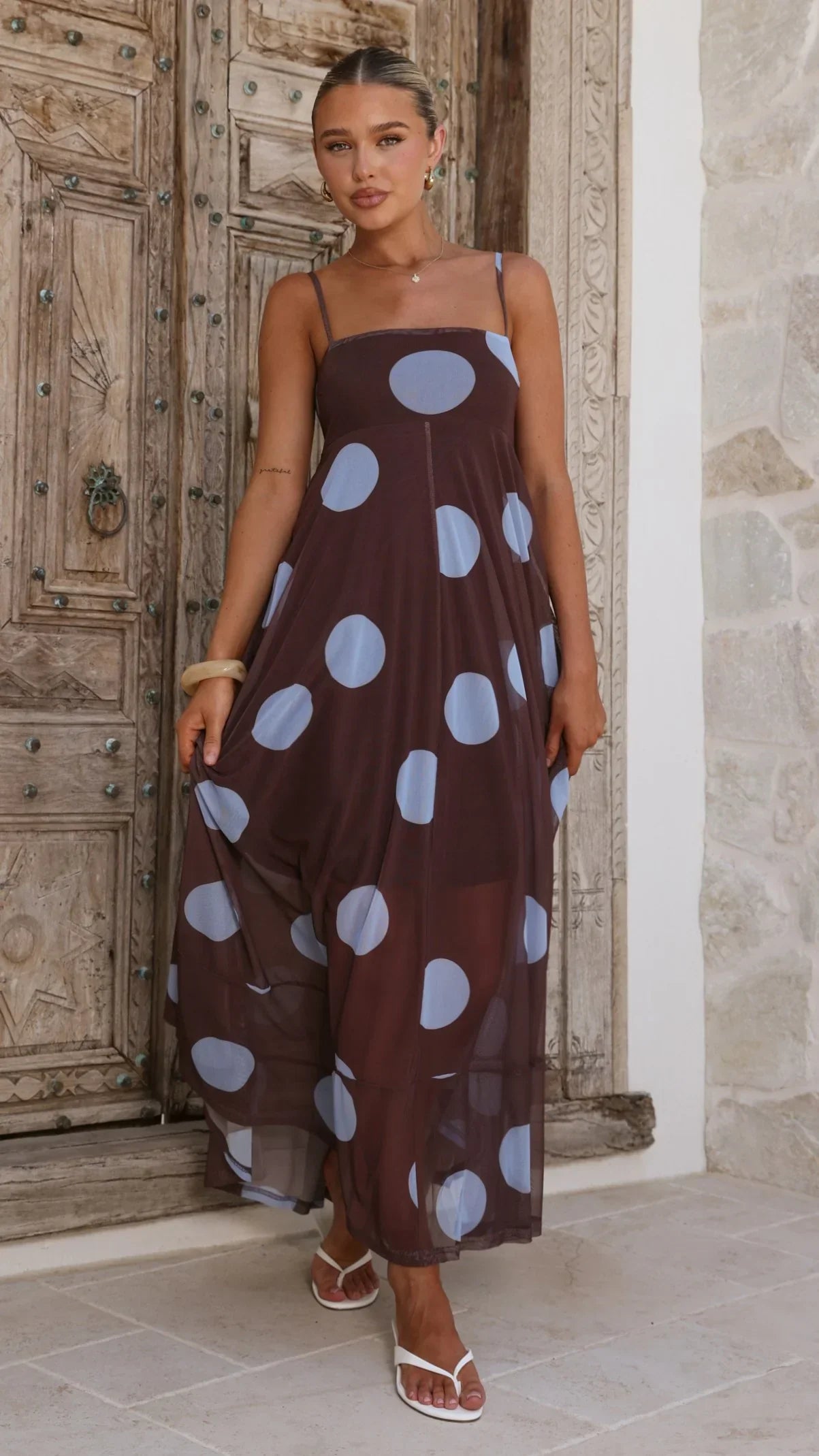Melinda Mesh Maxi Dress - Brown / Blue Polka Dot
