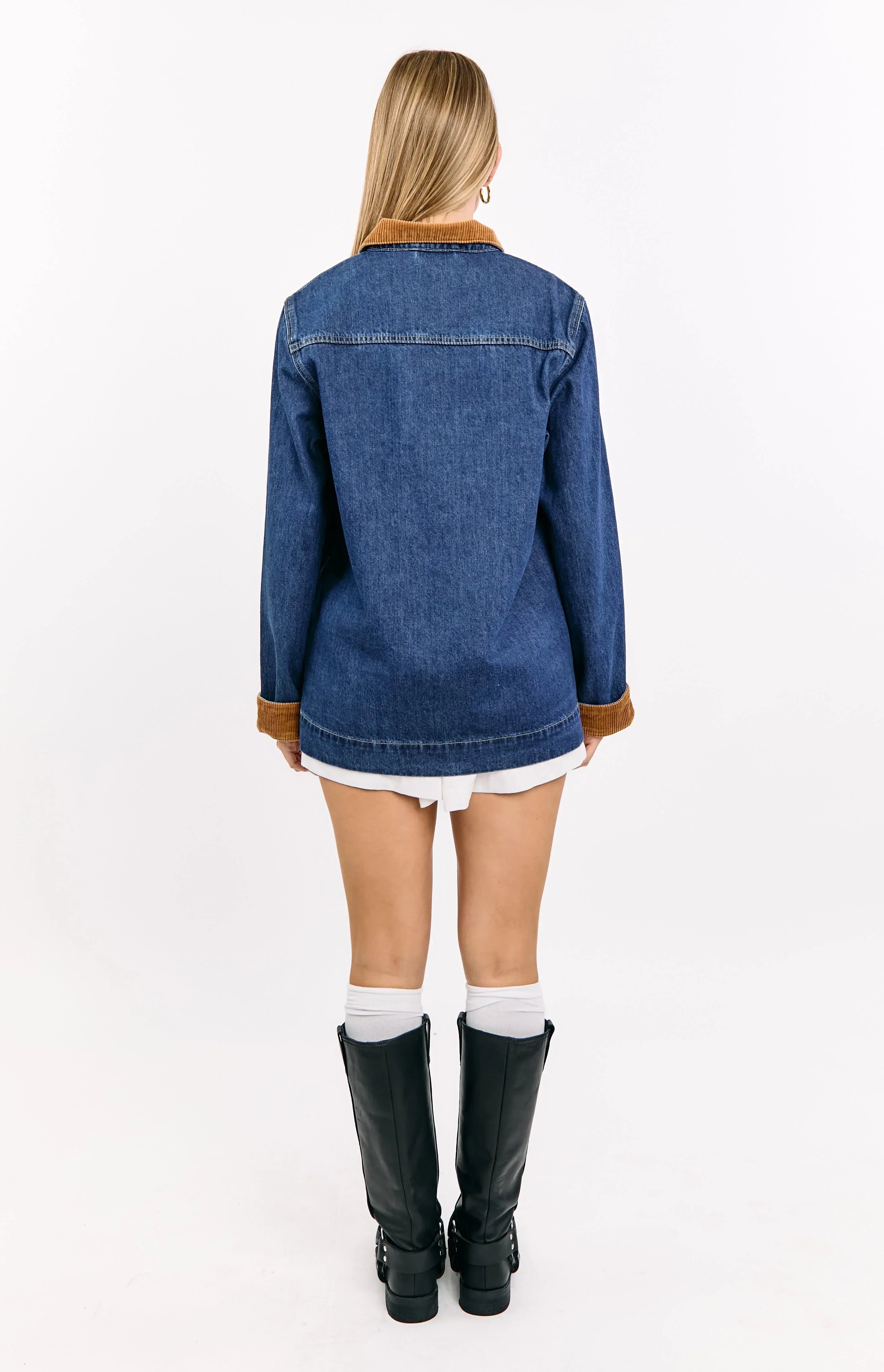 Hendrick Mid Wash Denim Cord Trim Oversized Jacket