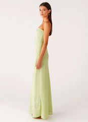 Sassafras Beaded Flower Strapless Maxi Dress - Lime